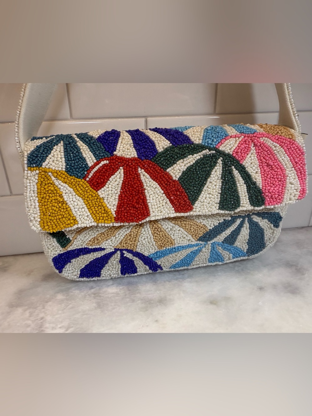 America & Beyond Multicolor Beach Umbrella Beaded Shoulder Bag NWT